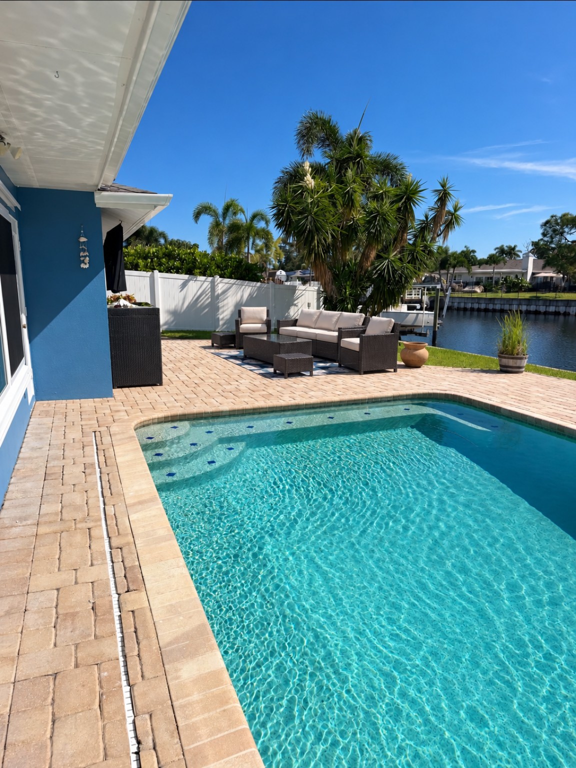 Swimming pool and furnished patio beside the waterfront