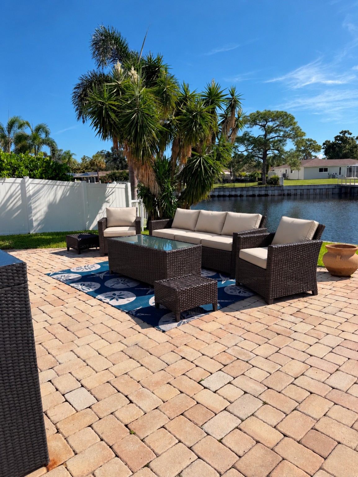Patio seating beside the waterfront